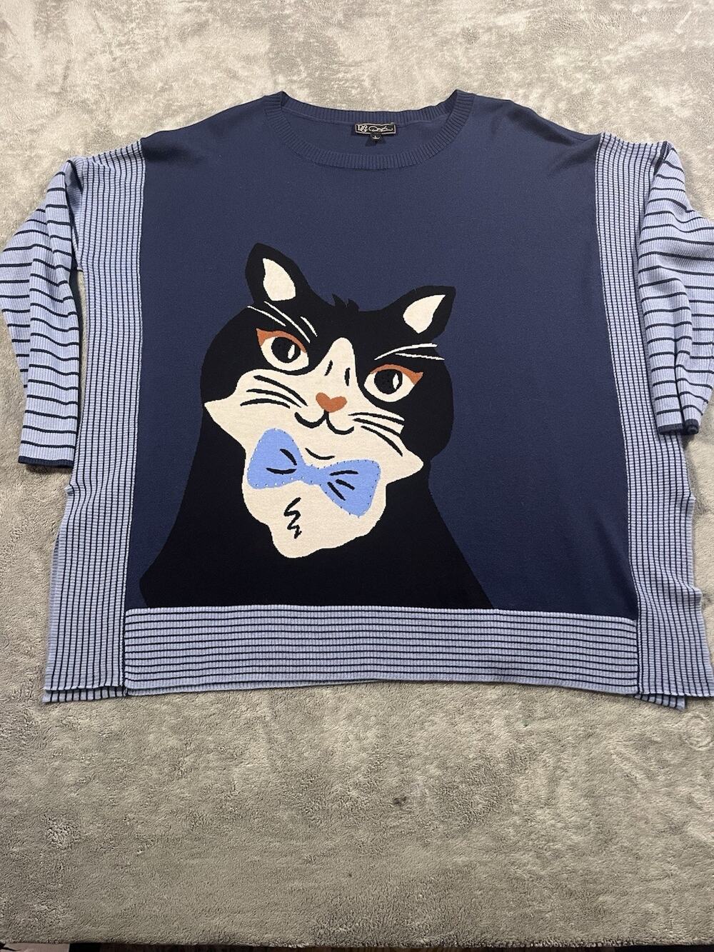 D&Co Tuxedo Cat Sweater Womens 1X Blue Striped 3/4 Sleeve Rhinestone Bow